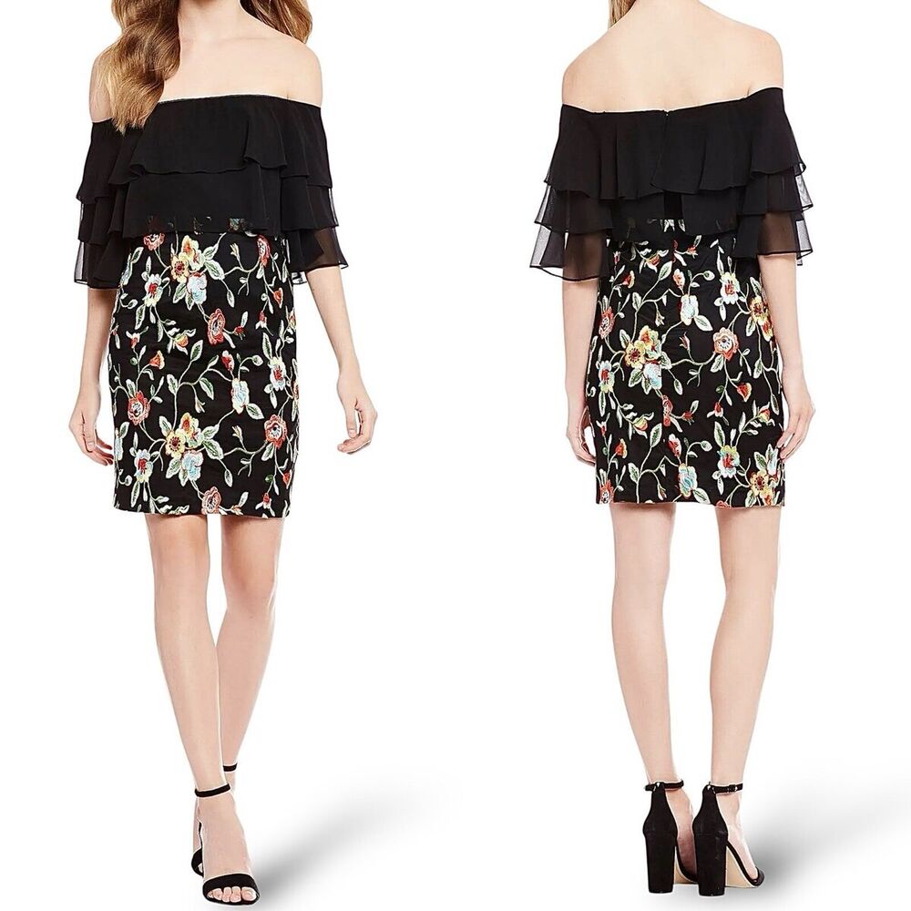 Aidan Mattox Off The Shoulder Ruffled Black and Floral Knee Length Dress Size 2